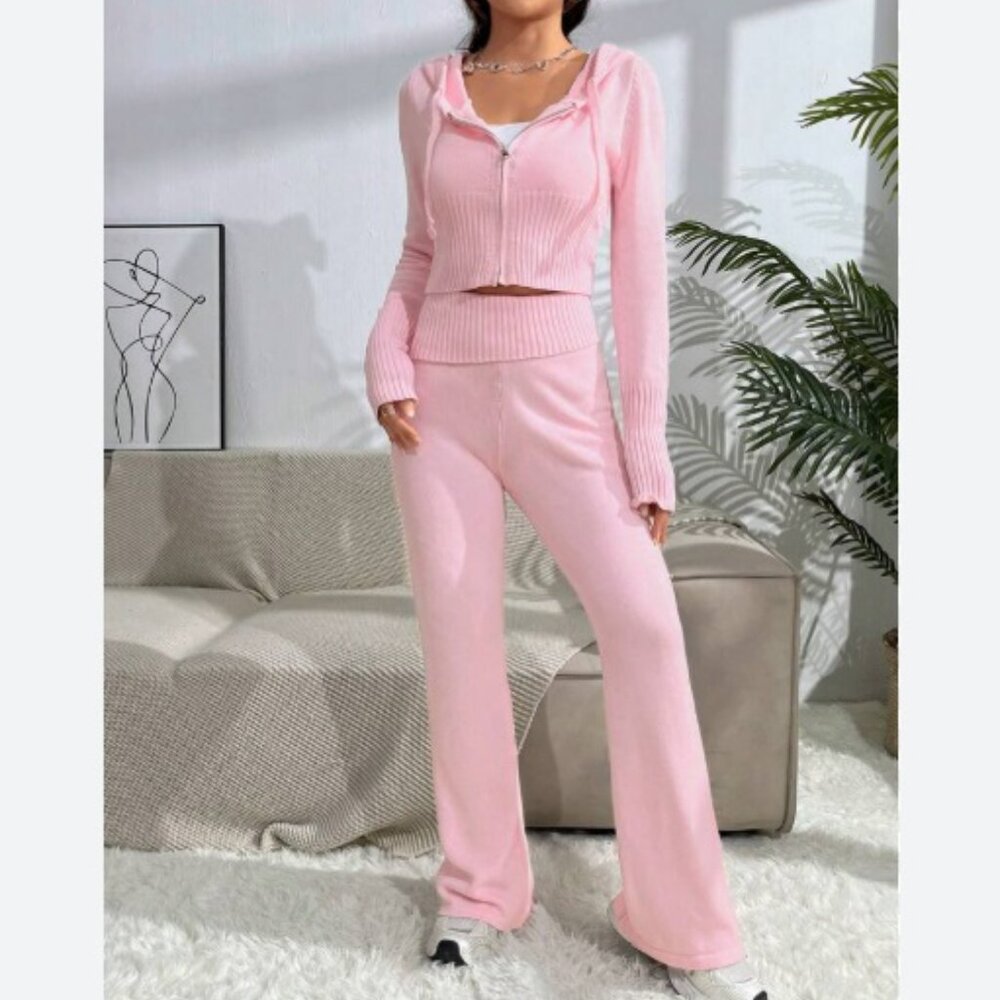 SHEIN Womens Zip Up Knitted Crop Hoodies with Pants Pink Size L - Picture 2 of 9
